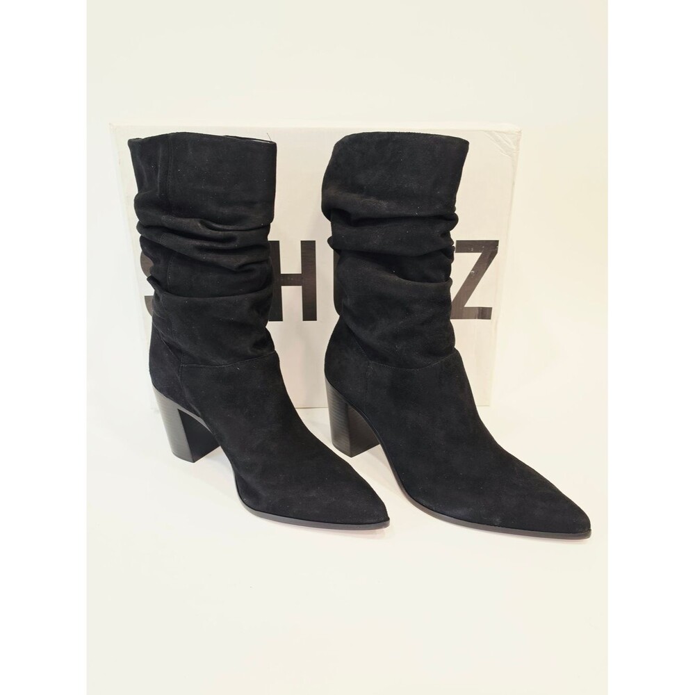 Schutz Ashlee Block Black Slouch Suade Pointed-Toe Block Heel Boots US Size 11